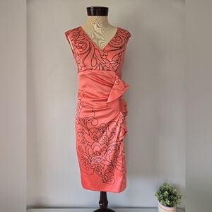 LE CHATEAU peach midi dress with black embroidered flowers. Small